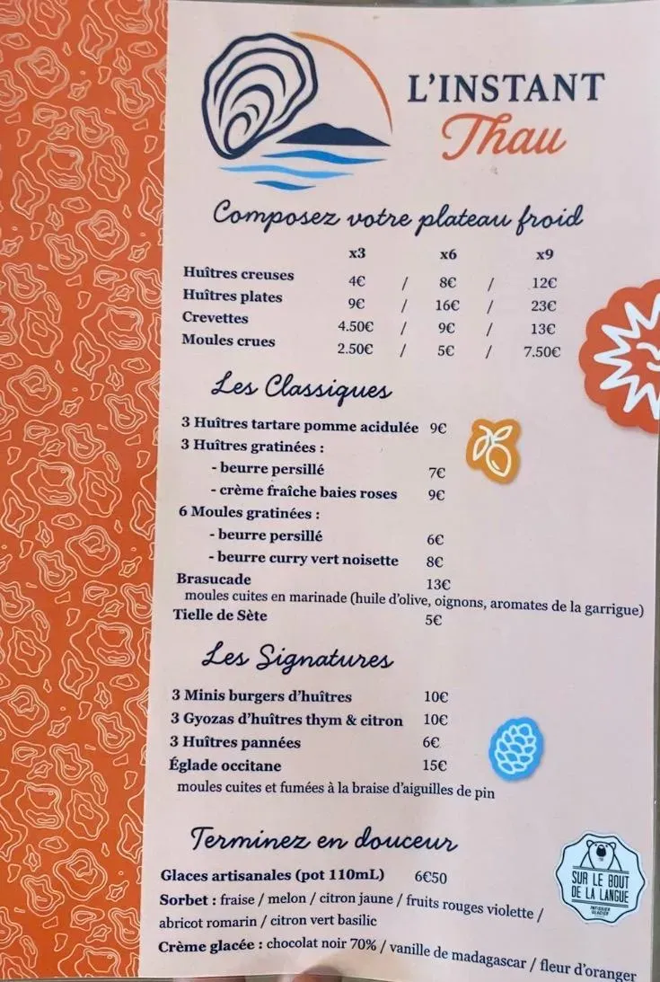 carte dégustation L'instant Thau